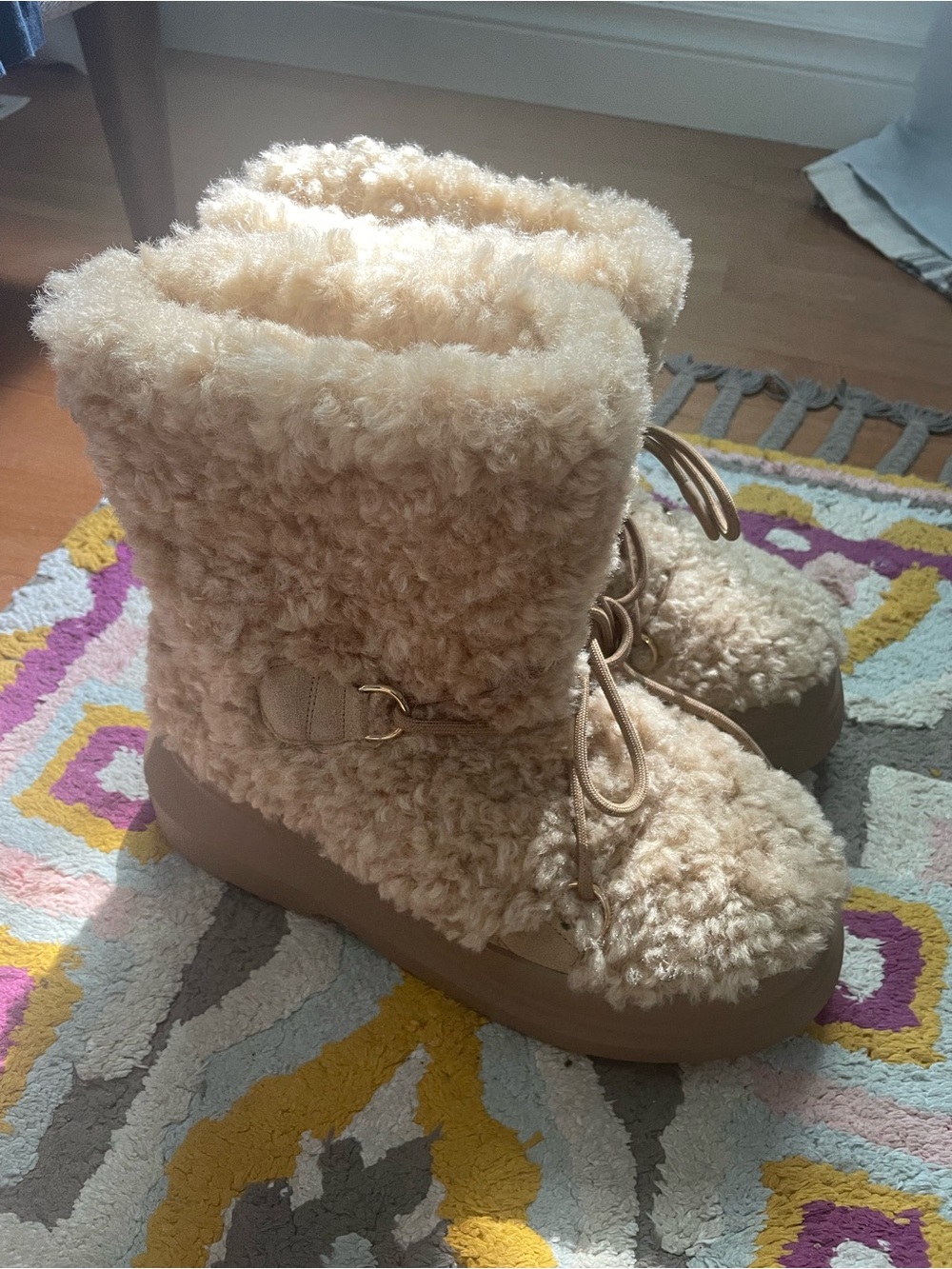 Zara Beige Sherpa Lace-Up Platform Slippers